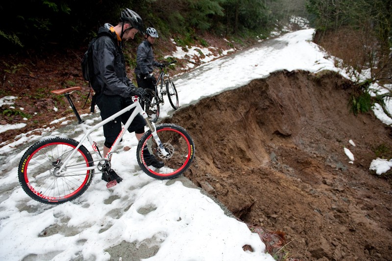 So much precipitation this winter that the roads are washing out, no shuttles means you gotta ride up!