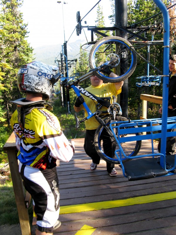 Caleb Doane getting his bike off the lower chair......
