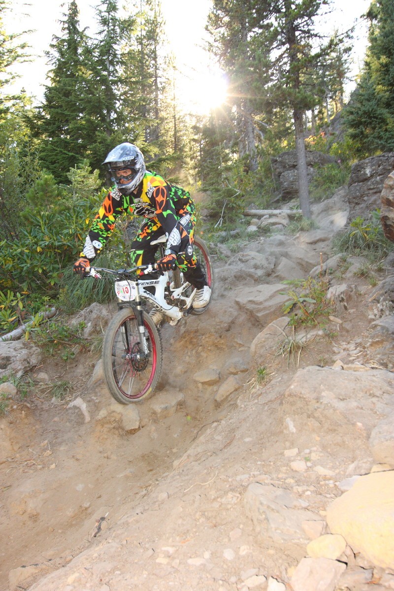 Qualifying run for Intense/Crankbrother's Bryn Atkinson didn't fare too well and he crashed hard shortly after this photo by Doug Sowdon.