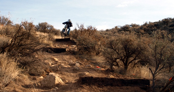 Max Dolar on one of the rock garden/drop zones on the new Shake and Bake downhill trail.