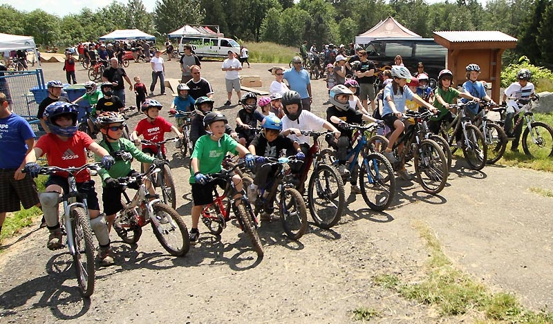Mass-start at the kids race.  James would have made them carry their bikes just for the fun of it