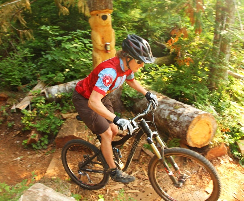 Sharon riding by the Thirsty Beaver