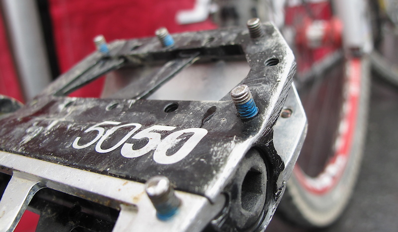 Always a flat pedal rider, Brendan uses Crank Brother's pedals with some extra long pins in place to keep his feet in place.