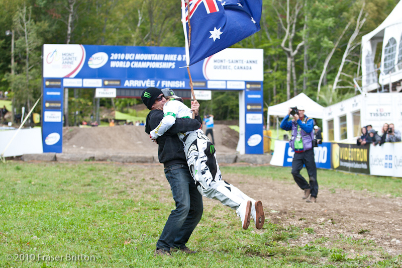 <img src='http://lp3.pinkbike.org/p1pb6168857/p1pb6168857.jpg' /> Troy and his dad celebrate an extremely close World Championships victory at Mont Ste Anne in 2010. Mom got held back by security and was none too happy about it.