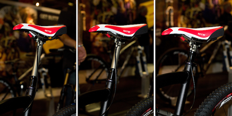 One of the goals when designing the DOSS post was to simplify finding that middle cruiser position that is so handy when you are only looking for a bit more clearance or a lower center of gravity for fast or technical sections of trail. Instead of having to compress the post and then release the lever when it is at the middle setting like you'd do on most models, the system on the DOSS lets you depress the remote lever half way to let the post lower and stop in that position, it simply won't go any lower any further unless you push the remote more. I played with it a bit in the stand and the system seemed to work very smoothly.