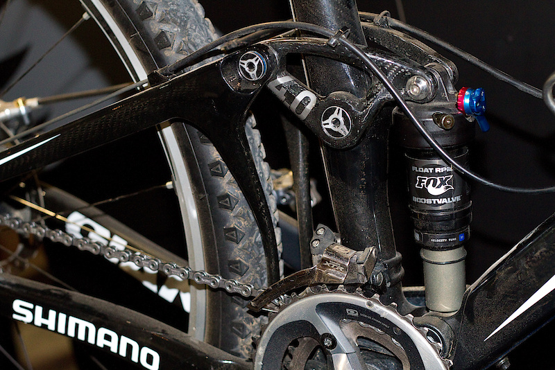 Adam Craig's bike again, but this time you are looking at the Fox rear shock. Dan was tight lipped about what was going on in there, but he assured me that it is quite exciting. Anyone out there have X-ray vision?