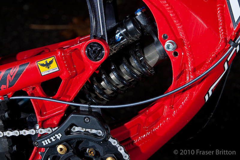 Once you have your travel sorted out, you can get your suspension setup dialed in. The M9 will come with the option of a Fox DHX RC4, or for only $50 USD more, a Cane Creek Double Barrel. Whichever shock you choose, you can use one of the three forward shock mounting points to adjust the suspension rate to suit your tastes. If you want a more progressive feeling, drop the shock into the lowest mounting hole. If you want it more linear, raise the shock up to the top mounting hole. Intense has gone to extremes to make sure this frame will keep everyone happy, no matter your shock choice, riding style, or terrain that you're on. You have no excuses for not getting this bike dialed!
