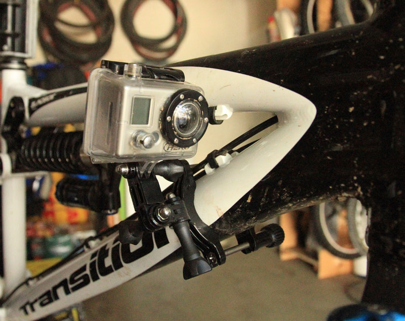 This mount is the Roll Bar Mount. Realistically it can only be used on open trails; in tight trails you'll hit the camera with the handlebar. It'll only worked with bikes with top tubes that let you push the GoPro forward enough that your knees won't hit the camera. Of course, don't tighten the mount too much so if you do hit something you won't shatter the plastic mounts