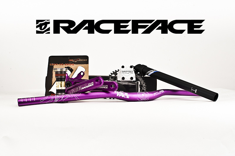 Part 1 - Silverstar prize pack - Race Face hard goods package including purple Atlas FR handlebar & cranks, White Atlas FR direct mount stem, Evolve seat post, chain ring and grips.