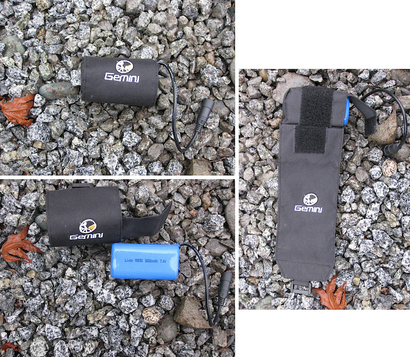 <span style='font-size:16px'>Gemini Titan light details:</span><br><br>- Brightness: 900 Lumens<br>- Run Time: 4+ Hours on High Mode<br>- 3 Modes: High, Low, Flash<br>- LED Model: SSC P7<br>- Light Housing: Anodized, Anti-abrasive, T6 Aircraft Aluminum<br>- Battery Overcharge Protection<br>- Low Battery Warning<br>- IP65 Water Resistant<br>- MSRP $130.00 USD<br><br><br>A set of 4 Li-ion 18650 5000mAh 7.4V batteries wrapped in a blue plastic covering, that does not appear to be totally waterproof, but does include a Velcro-ed wrapping case. Without the case the batteries weighed 197g, and with the case 215g. The battery pack charge maxed out at 8.27V, usually charging within 3h 15min to 3h 20min.