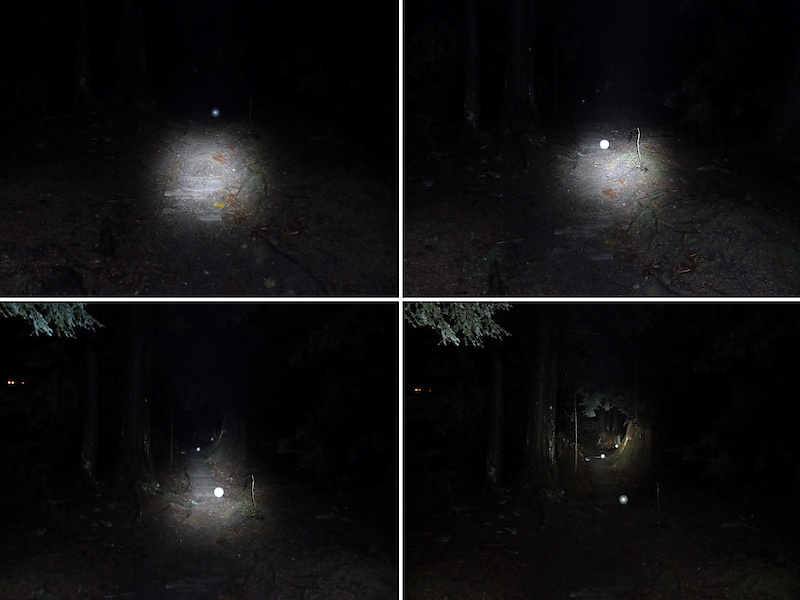 <span style='font-size:16px'>Looking up trail (helmet mount), high beam, first marker at 5m, second at 10m, third at 15m. 1600 iso.</span><br><br>Out of the box the batteries came charged at 7.6V, and the light burnt for 3h 11min in a stationary test. The mode button turned amber at 3h 4min, red at 3h 9min, and the light shut off at 3h 11min. The battery was recharged (taking approximately 3h 15min), an indicator light on the charger shifts from red to green to indicate a full charge, measuring fully charged at 8.27V. The light was used off and on over two days at full beam while riding and lasted 3h 37min. The mode button turned amber at 3h 25min, red at 3h 35min, and the light shut off at 3h 37min. Originally, the plan was to get some pictures comparing the light with a Magicshine, a Light & Motion Seca 400, and a Cygolite Mittycross 400 during a night ride in the snow on Burke. Alas, the first light failed to work, the button light flashing red-green, which offered the chance to do a service test.Service does seem prompt, an e-mail to Gemini that evening resulted in a reply and a promise to send out a replacement the next day - <I>The sample we sent you was from our first production batch. The light is not configured for cold weather yet. There is a setting on the driver board that needs to be reconfigured - a simple job for us. We apologize for the inconvenience. We've replaced all our driver boards with the new settings. I will arrange to send a new light head out to you today from one of our dealers in Victoria BC.</I> The light was mailed out of  Victoria, BC and arrived within 3 working days. A second stationary test was performed using the second, replacement light, the battery recharged  (taking approximately 3h 15min again),  maxing out at 8.27V, and left to run non-stop (with a fan to simulate constant airflow over the lamp). The mode button turned amber at 3h 42min, red at 3h 49 min, and the light shut off at 3h 50min.