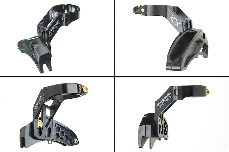 The XCX-ST uses a hinged bracket (<I>top left</I>) that makes installation a breeze. The polycarbonate slider (<I>top right</I>) is the exact same as used on the LG1+, including the honeycomb construction. It is shaped to work 32 - 44 tooth chainrings and is adjusted vertically by loosening only a single bolt (<I>bottom left</I>)