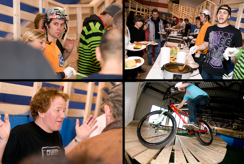 <span style='font-size:18px'>Shredding all day and lunch served to you by the pros! Clockwise from bottom left: Ray himself, Kirt Voreis, and Cam Zink. Aaron Gwin, Ross Schnell, and Heather Irmiger were also on hand to dole out burgers, 'dogs, and chili.</span>