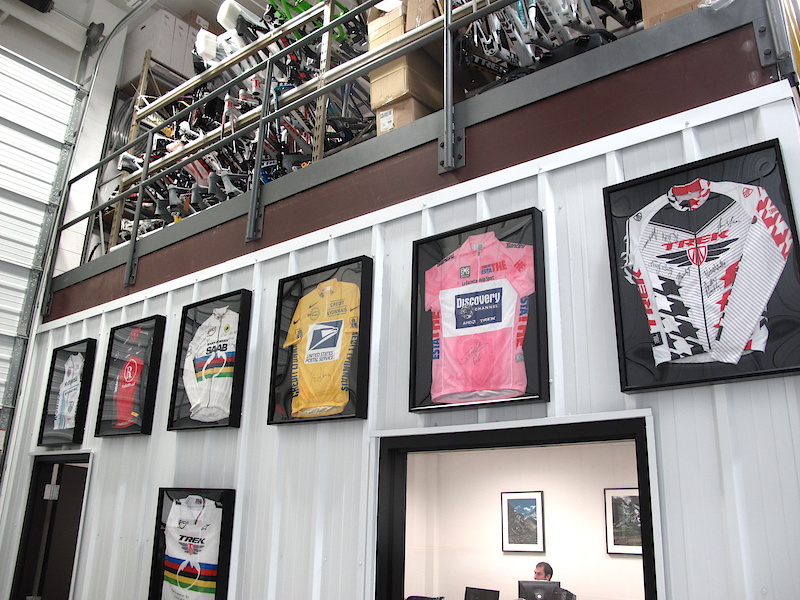 <span style='font-size:18px'>Inspiration</span><br><br>There is a good chance that the crew in the Race Shop have been vital in the success that these jerseys stand for. Yellow for the Tour, pink for the winner of the Giro d'Italia, and Tracy Moseley World Champ's jersey from Mont St. Anne, among others. Each is adorned with a very personal thank you message from its owner.