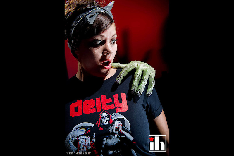 Sadie in the second photo of the shoot. This one really set the tone and feel of what I wanted to do with the rest of the shoot. The shadow is of Eric wearing a mask and a glove, it took a while to line it all up.<br><br>Eric and Sadie love horror films. I think that's almost an understatement. At the age of 5 Eric was obsessed with the classic horror masterpieces from Universal Studios, Hammer Films, and the influential performances of Boris Karloff, Max Schrek, Bela Lugosi, Lon Chaney, Christopher Lee, and many more. While most kids were watching cartoons, Eric was entranced with a genre that would ultimately influence many aspects of his life. When I first walked into their house in Idaho I almost felt uncomfortable with the number of references to the horror genre. I love all the old stuff, so I was stoked to see busts of Bela and Frankenstein, and Lon Cheney as the Phantom in the living room. It was other things like the almost life sized statue of Chucky standing next to Eric's desk that were disconcerting.<br>