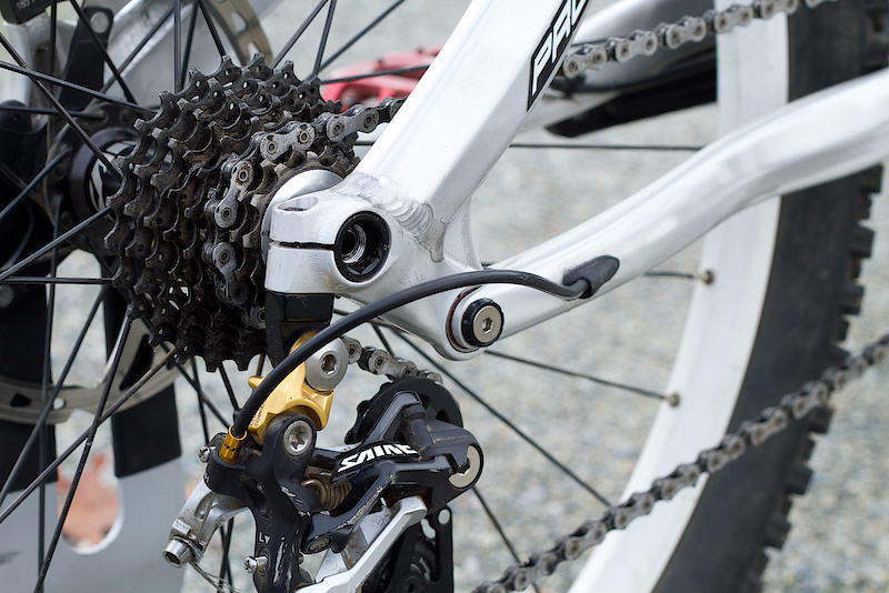 The back of the prototype sports a clean looking Syntace X12 thru-axle system that should be slightly lighter than what has been used in the past. Internal routing for the rear derailleur's shift cable not only keeps it looking orderly, but also prevents the chain from beating on the housing. Like found on all of the other pivots, captive hardware is used to make maintenance easy.