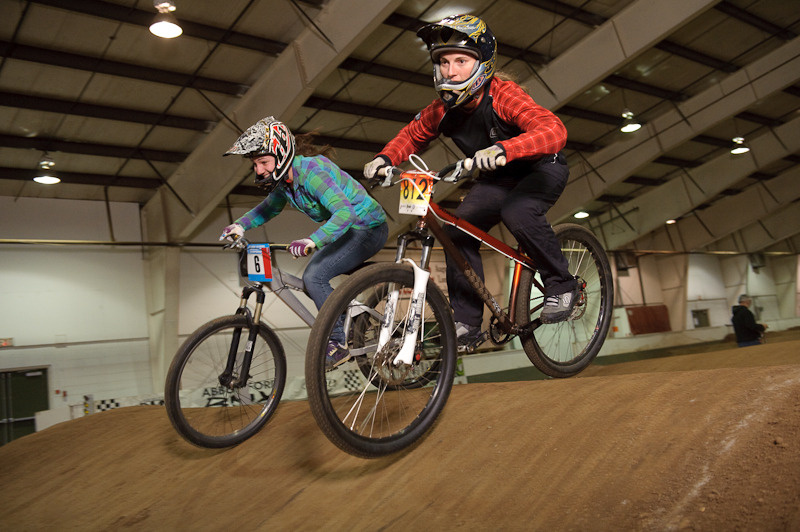 Karaleen Westmoreland and Kelsey Begg battle into the 2nd turn. Kelsey looks stoked on being pumped.