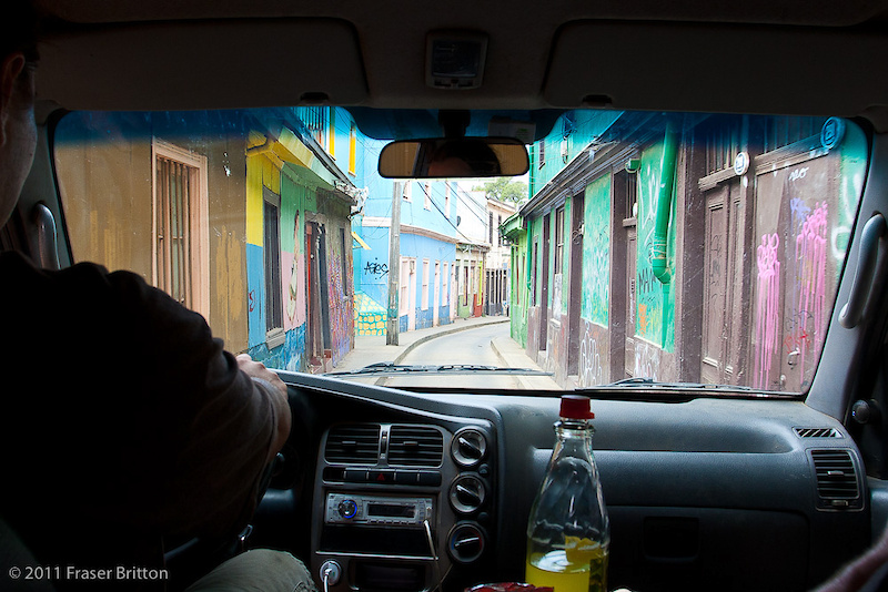 The streets in Valparaiso can be very, very narrow. Just take a look at the one we have to drive along to get to our hotel. It fits exactly, one car.