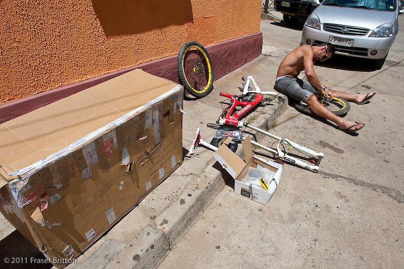 Cedric Gracia is a rockstar down here. He has the unmatched personality and talent that the South American fans love. Wherever he goes, he is mobbed. Today, he managed to find a quiet spot next to our hotel to assemble his bike, sans mechanic. Kevin Joly, his normal wrench, had to stay home this week, so Cedric is spinning his own wrenches. It took him 5 tries and 20 minutes to get his chain installed. Note to self: do not let Cedric work on my bike.