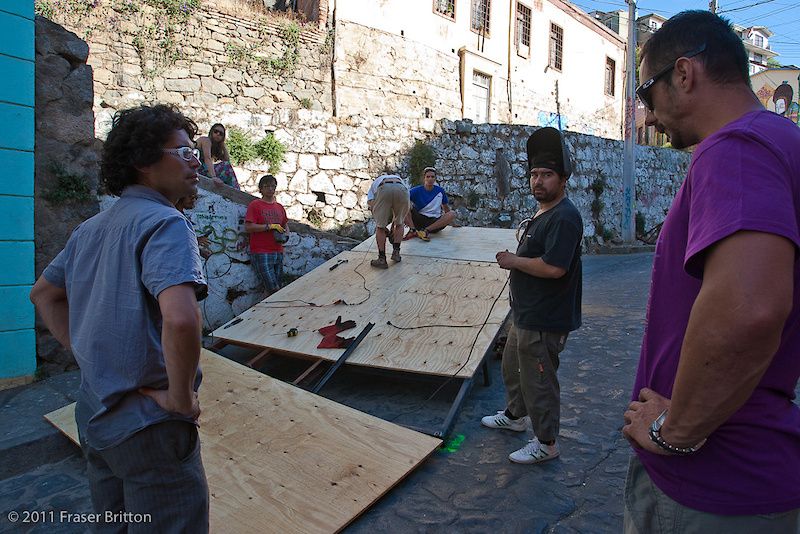Some of the jumps here are massive. This road gap stepdown gets the finishing touches put to it while CG and Victor look on.