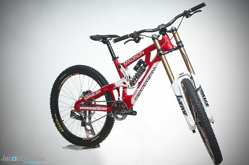 This is the 2011 Team issue Saracen Myst downhill bike with Fox suspension, Shimano Saint bits and Funn Finishing kit