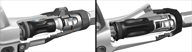 Avid continues to use their proven Taperbore master cylinder design for 2012, but has made major changes to the internals.  The new version (<i>right</i>) has its bleed port on the main lever body, allowing it to forego the extra sealing O-ring that the previous version (<i>left</i>) requires between the contact adjustment dial and lever body. The side-by-side comparison also clearly shows the difference in how the inside of the master cylinder is shaped on the new version in an effort to better control any air that may be present in the system, preventing it from getting past the seals and into the brake line.