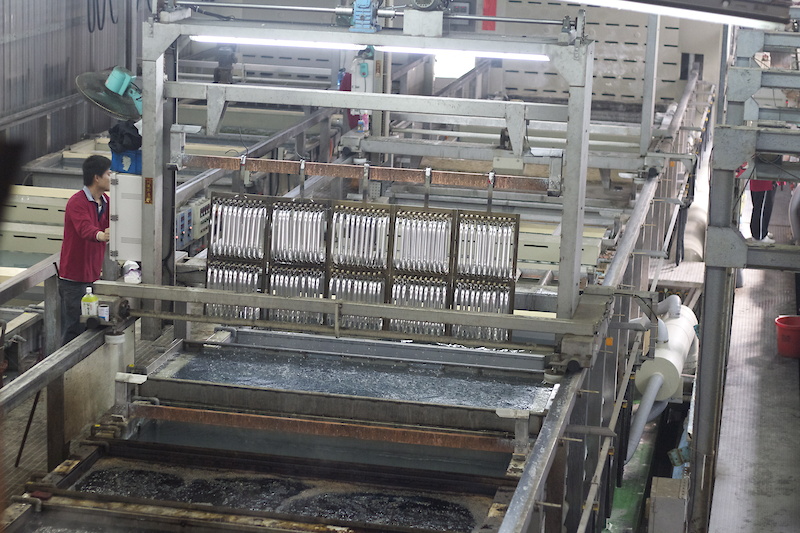 Hearing Pinkbike was coming to Taipei, we got invited to do some tours of factories in the area. Most of the things we checked out we promised to keep tight lipped about and can't be shown (patented processes and prototype parts), but here is an overview shot of an anodizing factory. The efficiency, attention to detail and massive emphasis on QC is something that we were all struck by