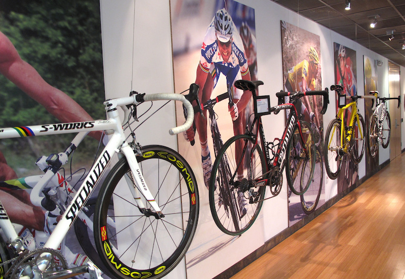 These are the steeds of some very tough men. Specialized has a long history on the road as well, including supplying bikes for sprint legends Mario Cipollini and Tom Boonen, as well as Alberto Contador and Andy Schleck, among others. There is a good chance that these bikes have broken the posted speed limits on the roads that they were raced on.