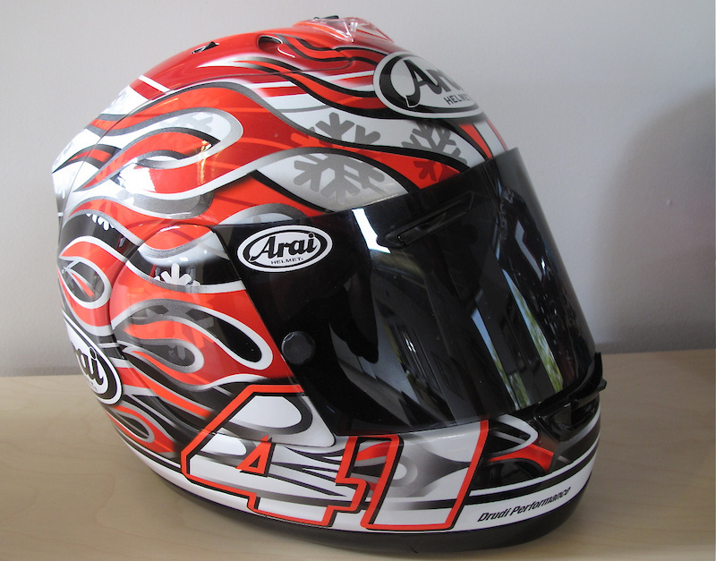 Hands up if you know who the Samurai of Slide is. This is Noriyuki Haga's World Super Bike helmet, complete with a big red 