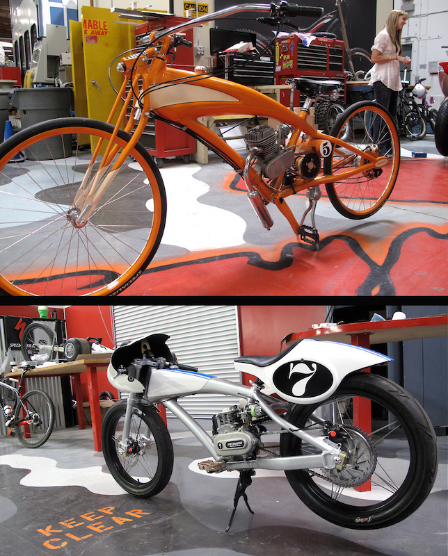 Two motorized creations from the artistic minds behind Specialized. The bike's creators fired them up for us - both are fully functioning motorbikes. Despite my urgings, I wasn't allowed to jump on and light it up.