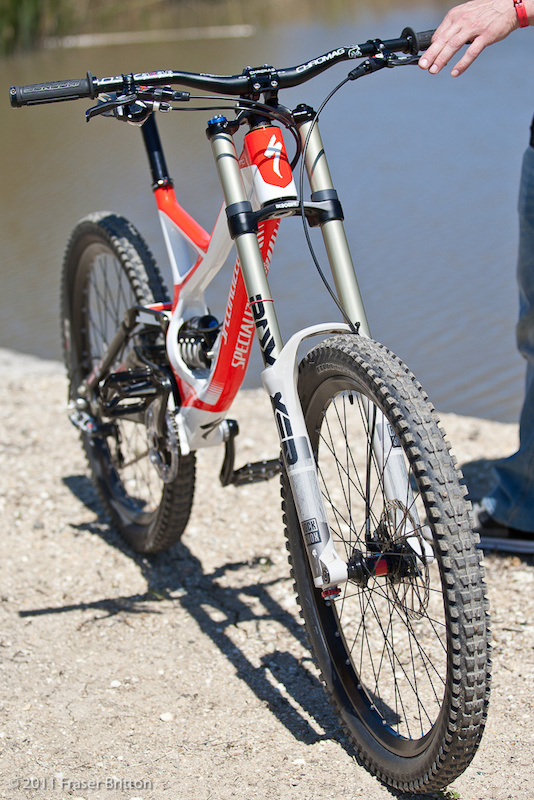 A little Rock Shox Keronite WC Boxxer love up front along with a whole gamut of SRAM and Chromag parts and maybe a couple Prototype Specialized Butcher DH tires along with some proto rims thrown in for good measure help too.