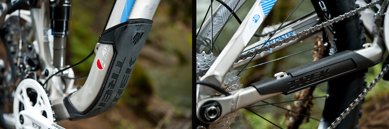 Trek thought ahead in the frame protection department. While all the cable attachment points are held securely with zip-ties, the chainstay and lower downtube have their own custom frame armor to keep the critical wear points in check for the long haul.  I wasn't able to obtain a frame cut-away of the Scratch, but I'd suspect these oversized hydroform tubes are thinner than most alloy tubesets.  Probably a good idea to keep the armor on.