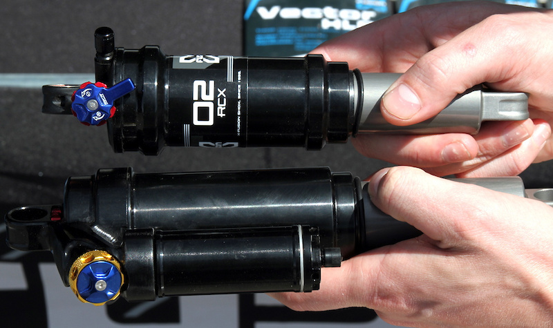 Pictured at the top is X-Fusion's lightweight O2 RCX shock that is intended for trail and cross-country use, below it is the new Vector HLR Air. It is easy to spot the size difference between the two shock's air sleeves, with the Vector's being much larger.