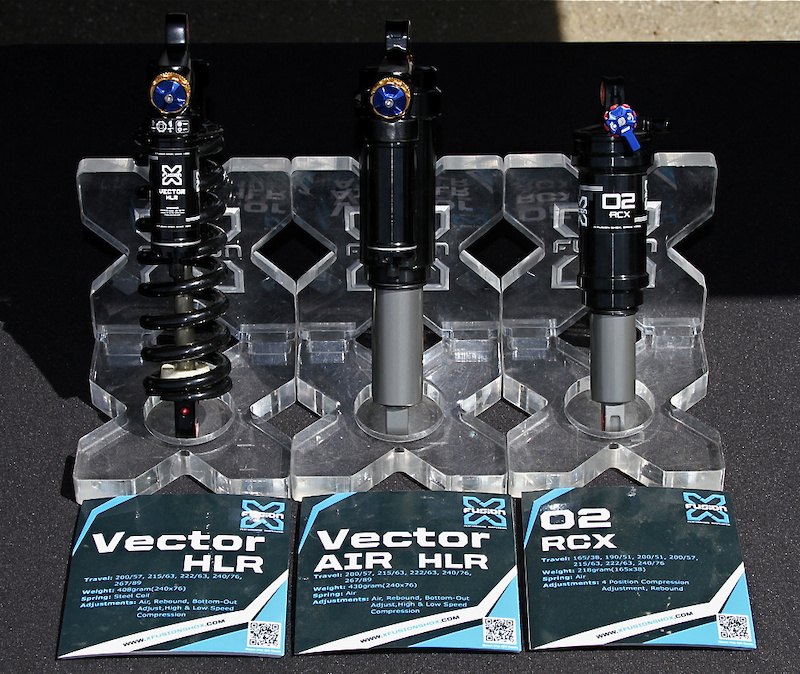 With the addition of the Vector Air, X-Fusion has every discipline covered. From left to right: the coil sprung Vector HLR, the new Vector Air, and the lightweight O2 RCX shock.