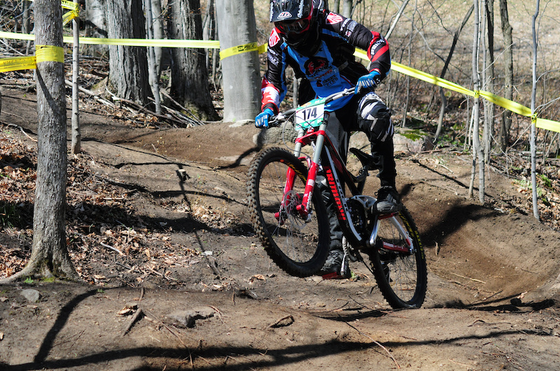  33. Graeme Duff with a strong drive out of the berm at Horseshoe DH #2.