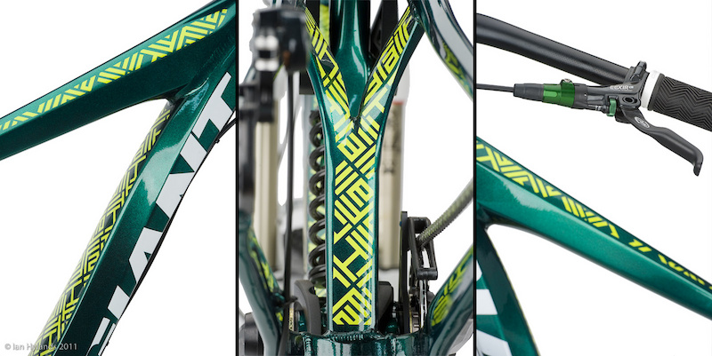 As the saying goes, it's all in the details. The Faith 0 sports a stunning metallic and neon green color scheme that is sure to attract attention in the bike park. Even its Elixir CR brakes (<i>top right</i>) get the green treatment.