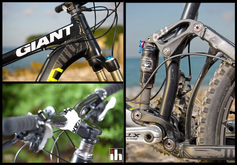 Giant Reign frame details: (clockwise) Giant's Overdrive tapered head tube uses an internal FSA sealed headset. Dual-link Maestro suspension takes a lot of abuse, but the lower link caught and damaged the chain during testing. Giant's 