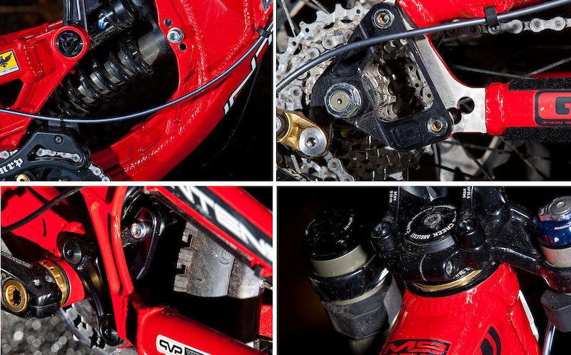 The M9 is loaded with adjustments: (clockwise) Three shock positions alter the suspension rate. A series of holes in the G3 rear dropouts and swingarm allow the wheelbase to be lengthened in 1/4-inch increments. Intense includes a Cane Creek Angleset system with all three angle cups and devised a clamping head tube to make race-day head angle changes a snap. A reversible chip on the suspension rocker link facilitates suspension-travel and ride height changes. A pair of neutral, center-drilled chips are also included.