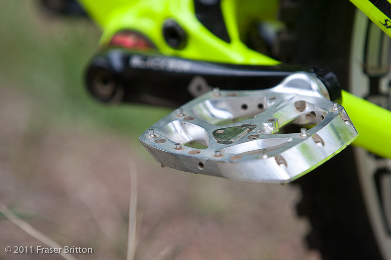 First off is the new Specialized flat pedal. The brainchild of FSR engineer Jason Chamberlain, the new pedal is a true 10mm thick at the spindle.  Through the use of an ingenious, patented, bearing system at both ends, this slick new platform will be the absolute thinnest pedal on the market.  Unlike other pedals that cheat and measure the outer edges, or have a huge lump your foot sits on, this one is concave, has a multitude of pin positions and undercut, adjustable custom pins. When hit, they will break off at the base and still be easily removed, unlike a set screw.