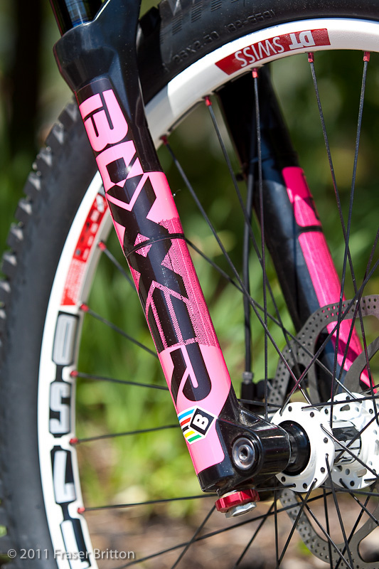 Sam's RockShox BoXXer get the pink treatment as well, although I'm sure that there is also some very interesting things going on inside this special Black Box fork.