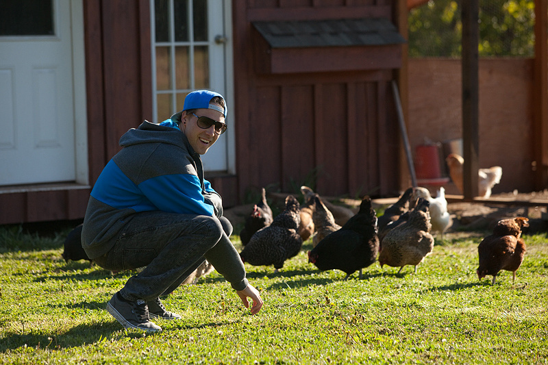 Geoff Gulevich setting out to get his fresh breakfast eggs.