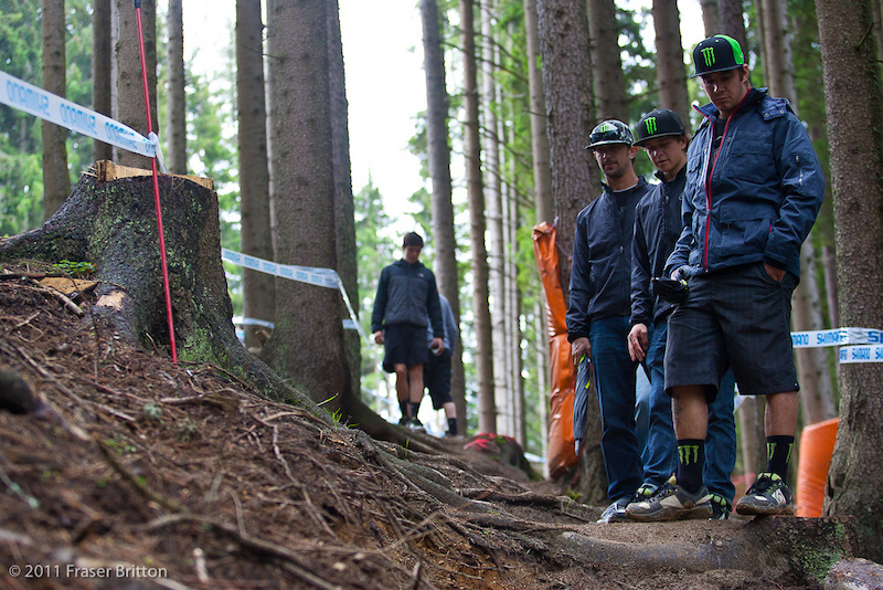 Leogang Austria - World Cup. Hill and Brosnan scoping out lines in the roots. It s going to get wild in here and there will be riders all over the place come practice tomorrow. AUDIO Hill