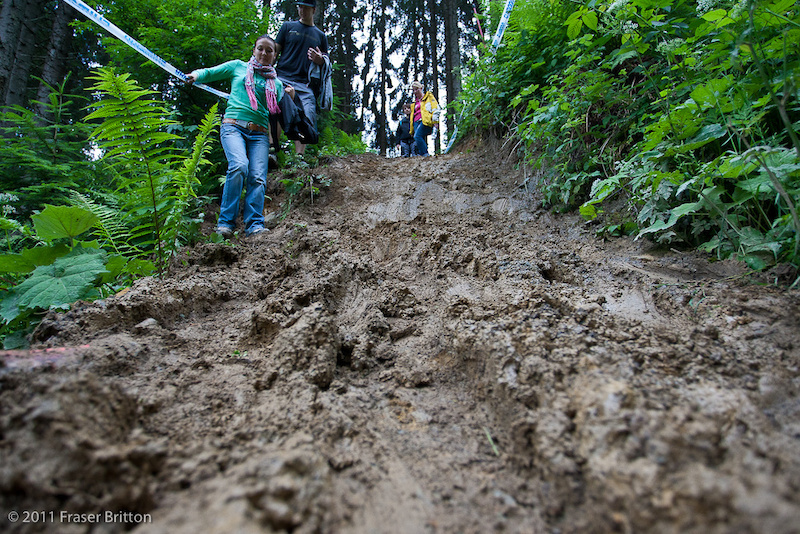 Leogang Austria - World Cup. The mud here is so deep it sucked off a shoe from one unlucky team manager the way down.