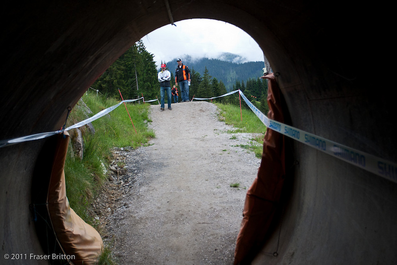 Leogang Austria - World Cup. Fabien Barel admires the scenery leading to the second pedalling section. AUDIO - BAREL