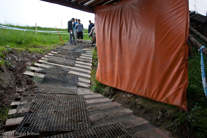 Leogang Austria - World Cup. Steep. Wooden and covered in rubber mats. One of the odd selections of sections here in Leogang.
