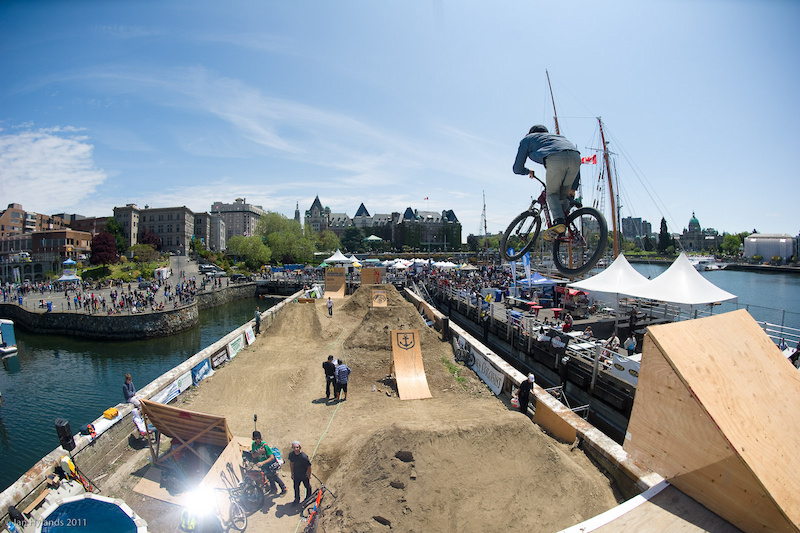 Brandon Semenuk dropping off the start ramp. It was pretty windy most of the time so the start ramp didn t see a whole lot of tricks in practice or even in the contest...