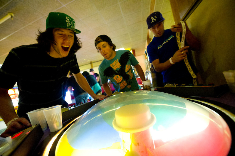 Riders find things to do while waiting for the rain to stop. Photo Matt Delorme