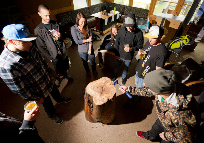 Riders find things to do while waiting for the rain to stop. Photo Matt Delorme