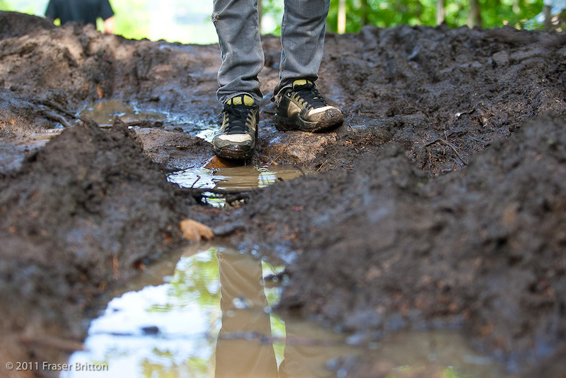 Mont Ste Anne World Cup - This mud whole is exactly one half of a water bottle deep. Mitch Delfs measured it. Bendan stepped in it.