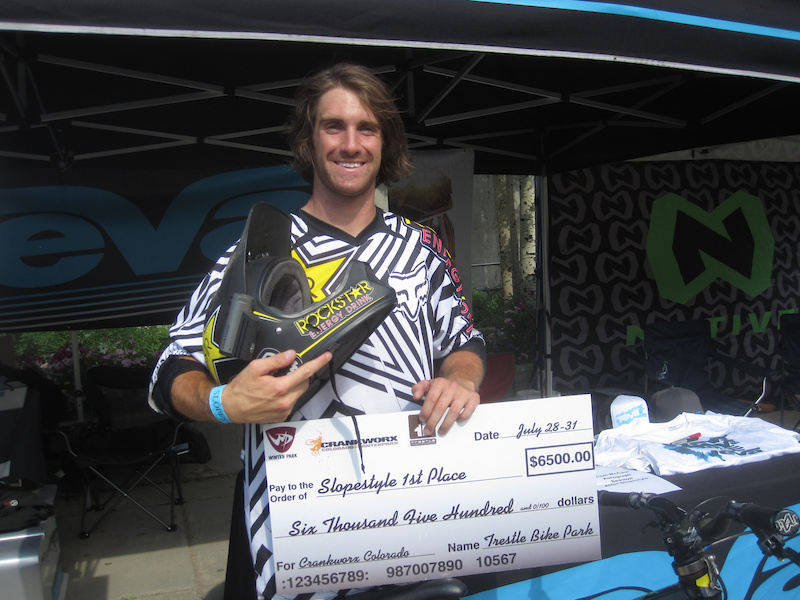Cam after his first place win in Slopestyle at Crankworx Colorado